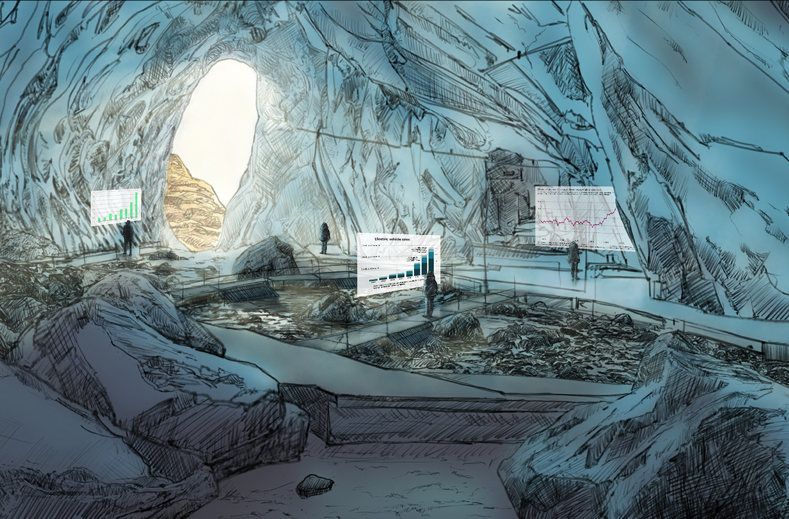 An artist's sketch in what appears to be ink and watercolor, of an ice cave that is also a museum.