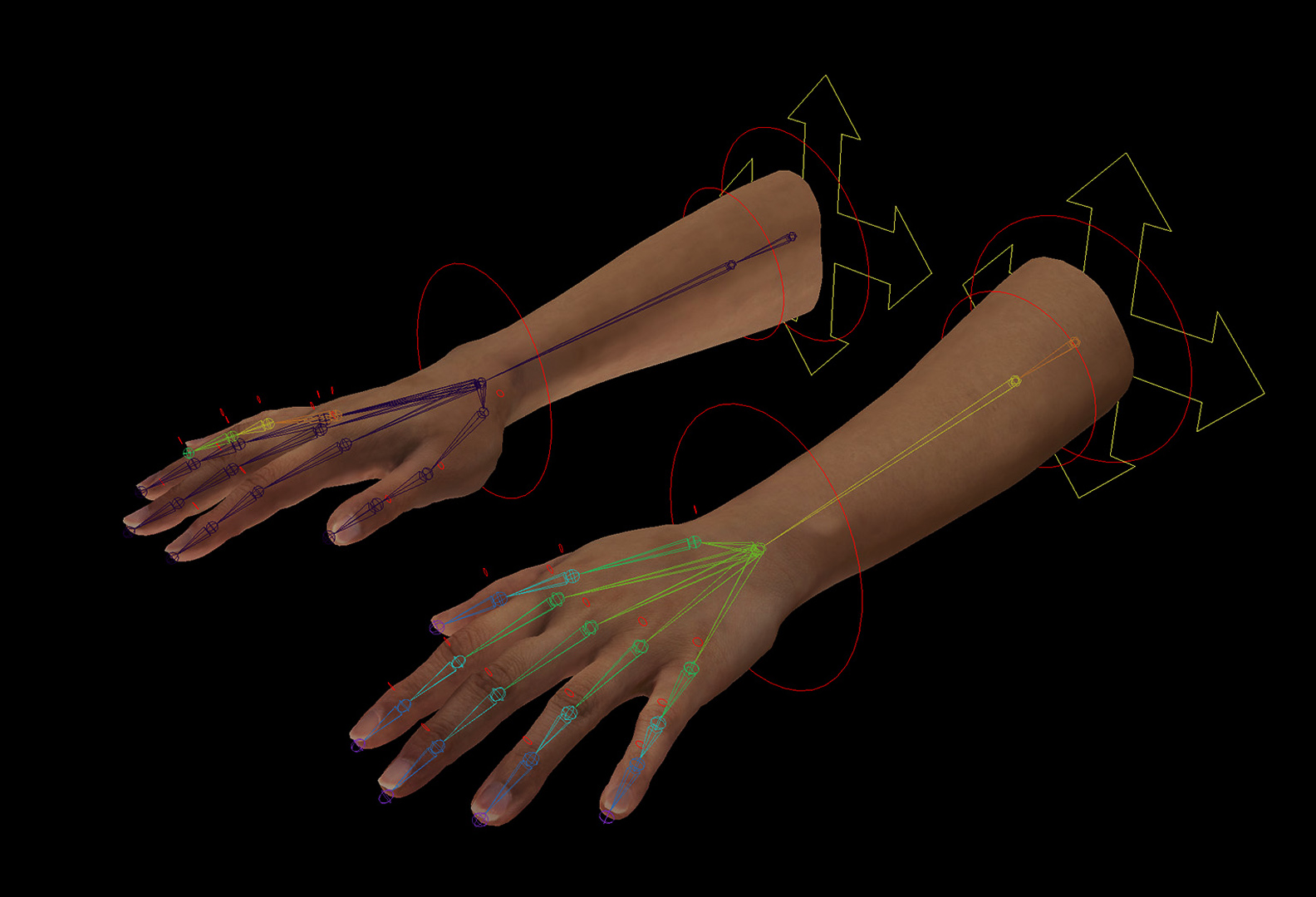 An image of two hands and forearms reaching forward in a black space. The hands are overlaid with technical schematics of the computer application that will control their movements in virtual space.