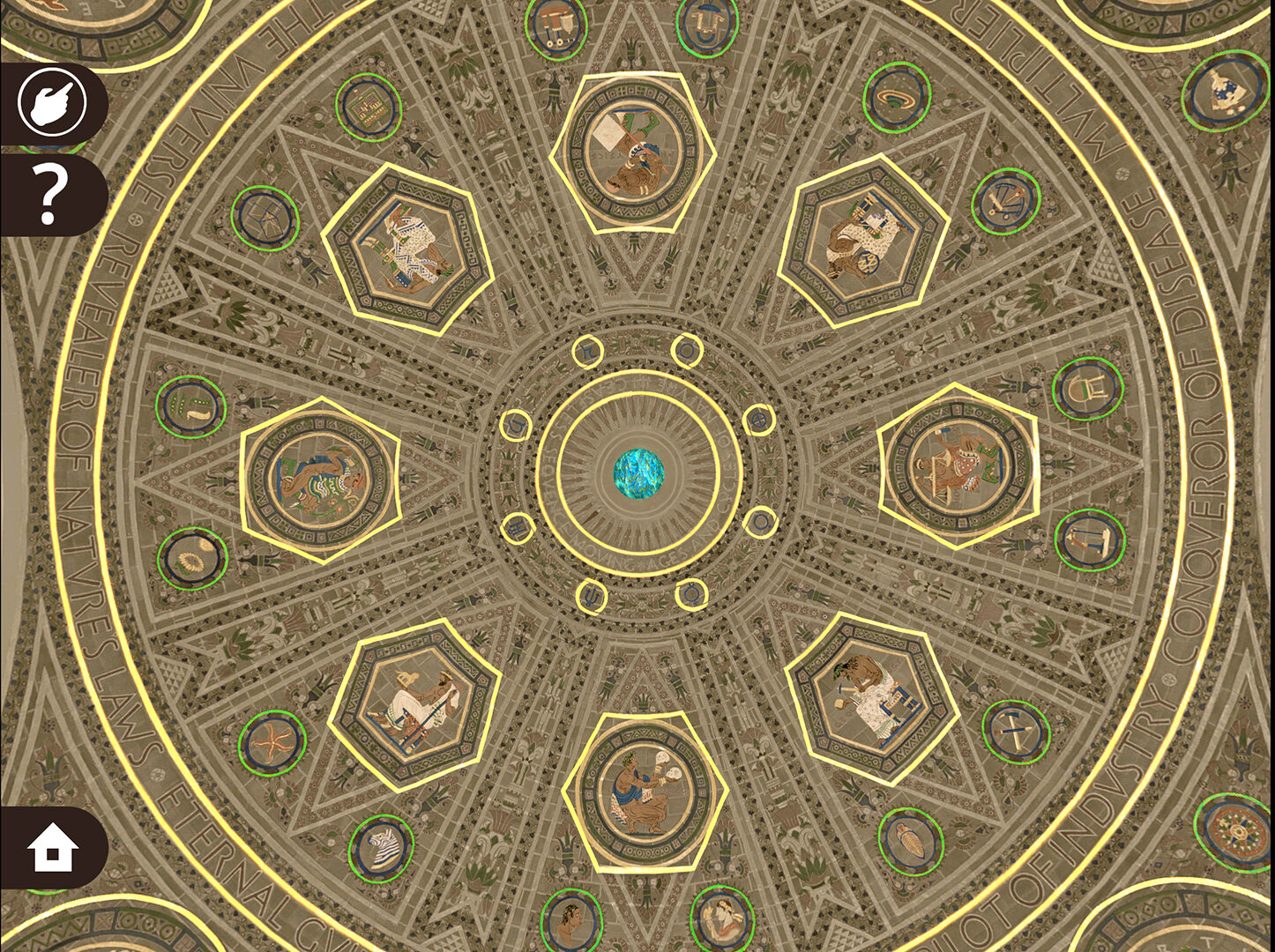 Highlighted section of the NAS dome mural, featuring detailed artwork by Hildreth Meière, accessible through the interactive iPad app for an in-depth exploration.