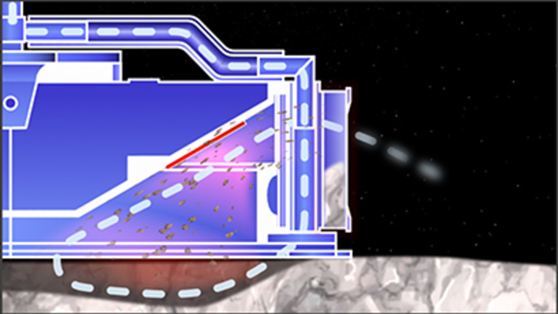 The TAGSAM collects material from the surface of an asteroid.