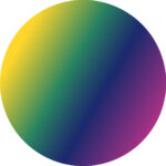 There is a circular form on the far-right of the image with a spectrum of color from yellow to violet. The spectrum makes the circle appear spherical