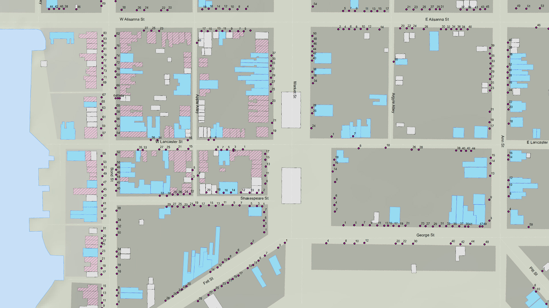 Buildings from 1815-1820 are currently being plotted. This example map also shows house numbers from the 1804 City Directory