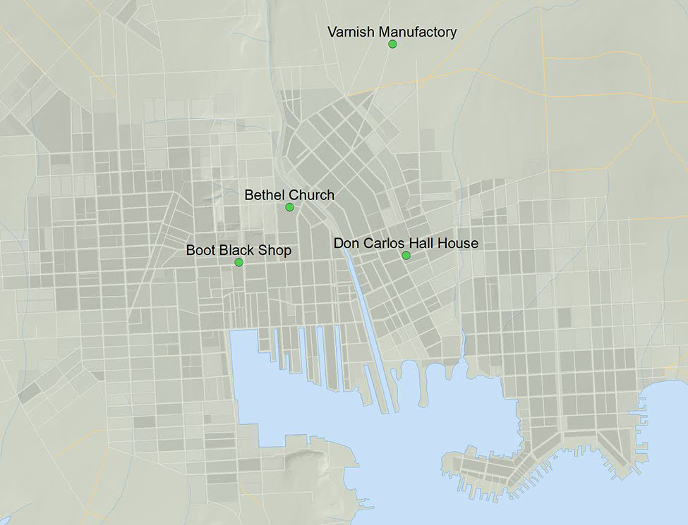 A map of Baltimore City showing key locations related to Don Carlos Hall, a free Black businessman, including his home, shop, manufactory, and Bethel Church.