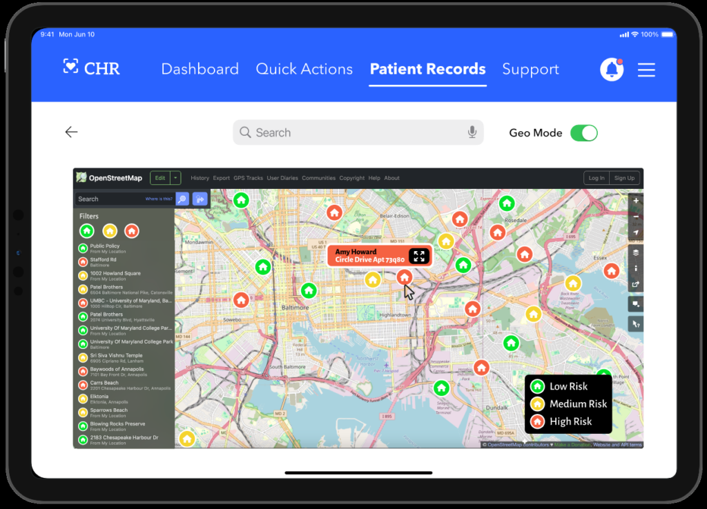 An image showing the screen of an iPad with the title CHR, menu options Dashboard, Quick Actions, Patient Records (selected), Support, a bell icon showing Alerts, and a hamburger menu. There is a search box and a map display with house icons, one of them showing a name and address.